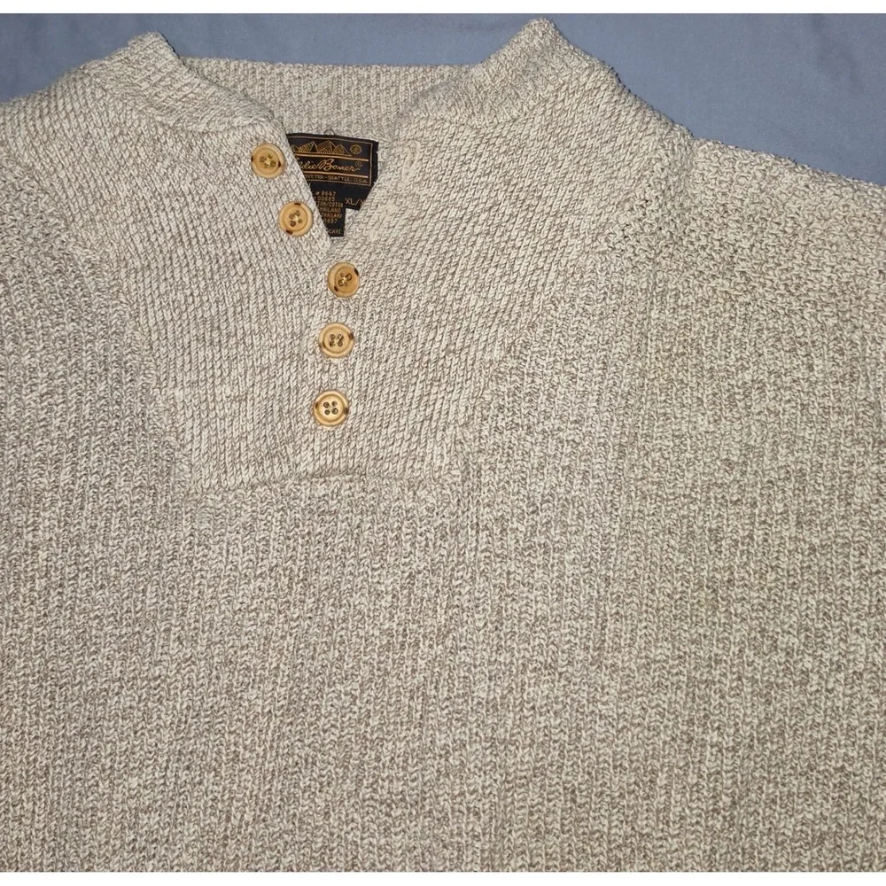 VINTAGE Eddie Bauer Henley Knit Sweater Grey Sz XL 90s‎ Preppy Heritage